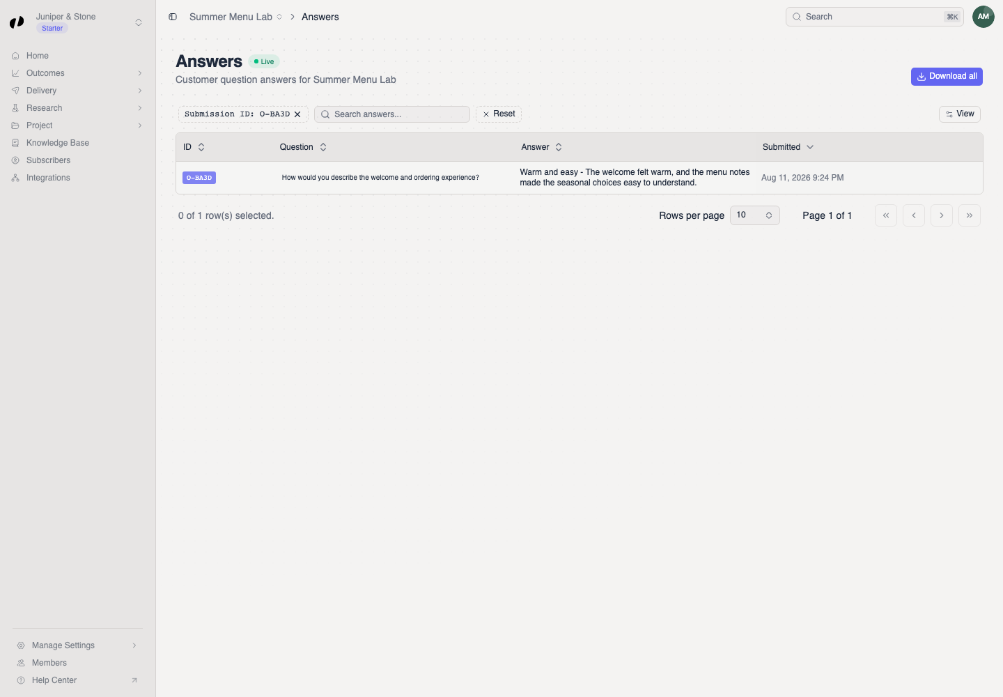 The Answers table is filtered by a Submission ID chip and shows the answers from that review.