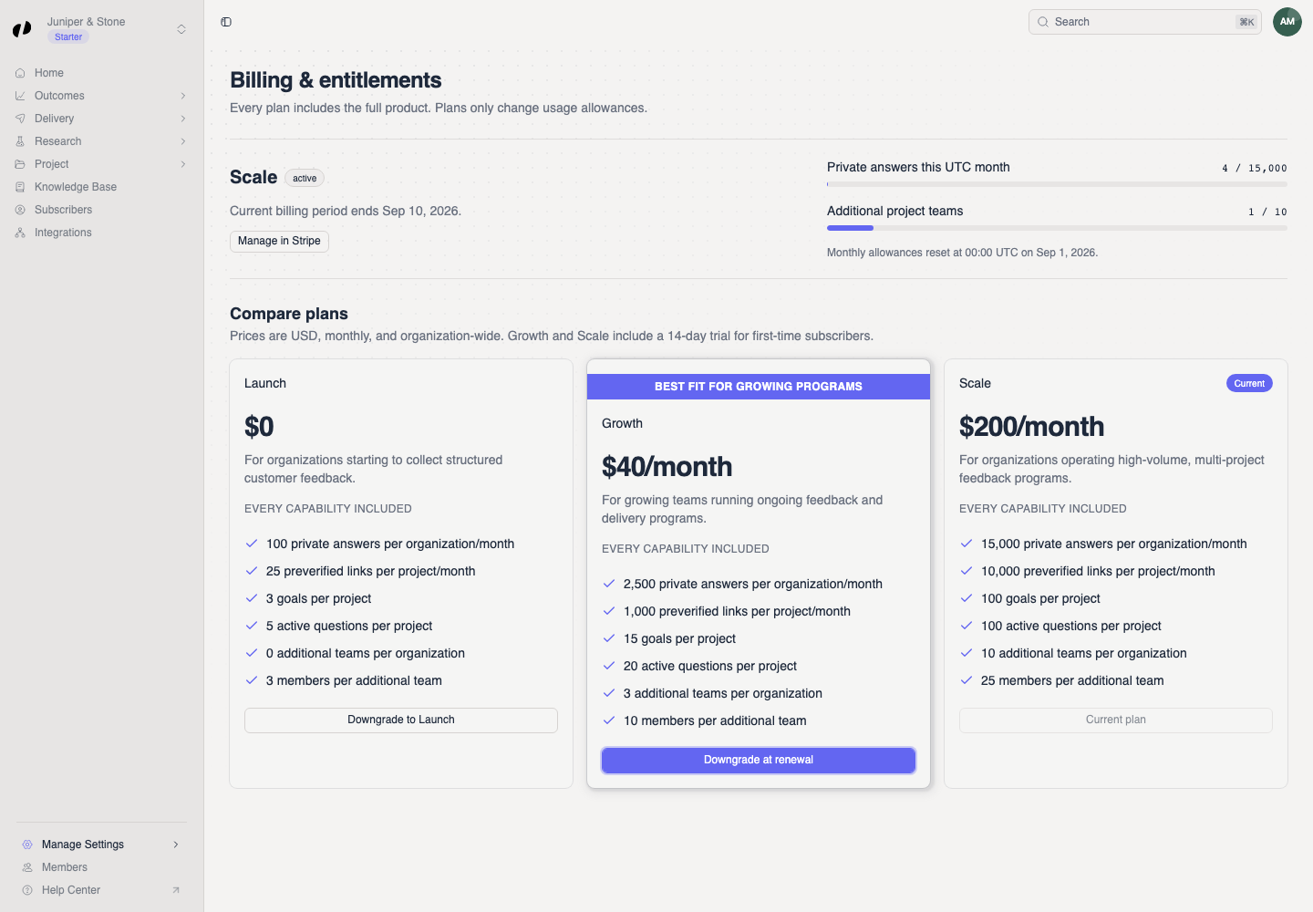 Compare plans shows each plan's monthly price, usage allowances, the Current badge, and keyboard focus on the Growth plan action.