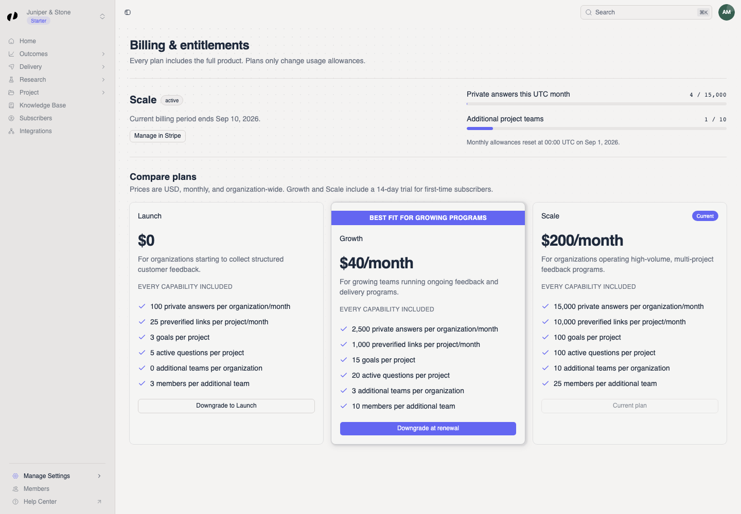The Billing & entitlements page shows the current plan, billing status, subscription message, and usage for private answers and additional project teams.