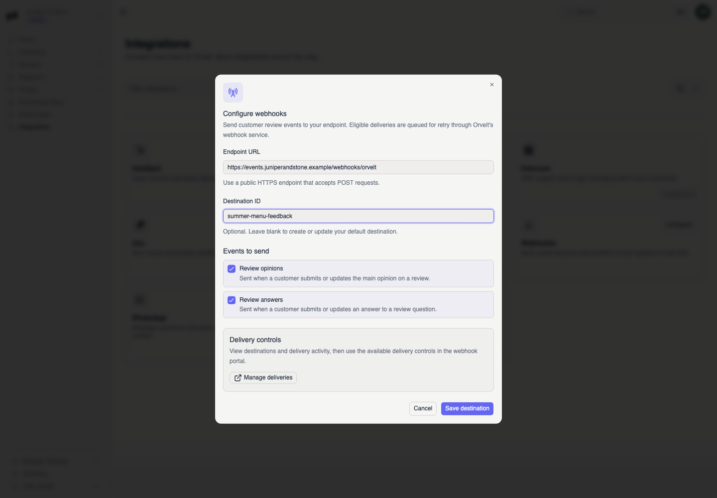 The Configure webhooks dialog contains an HTTPS endpoint, destination ID, Review opinions, Review answers, and Verification events selections, and Save destination.