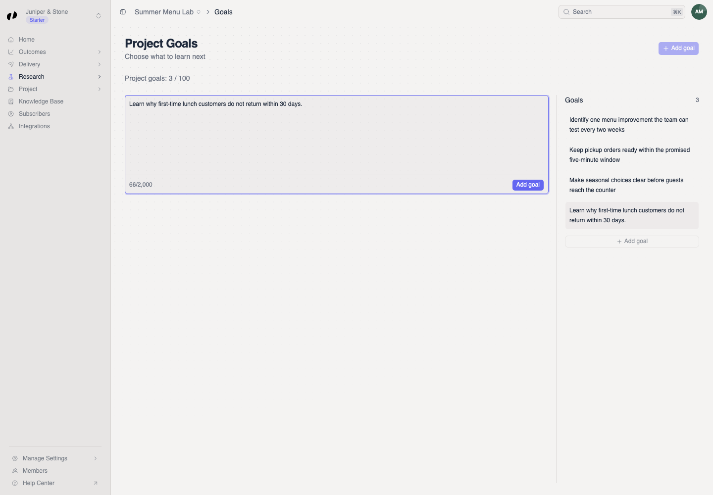 The Project Goals page shows a focused research goal in the editor and several saved goals in the Goals list.