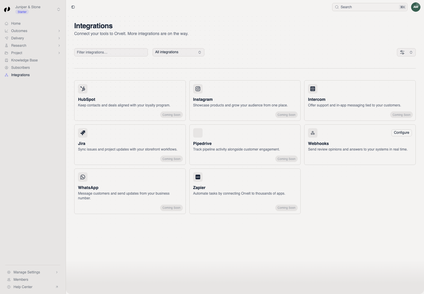 The Integrations page shows a Webhooks card with Configure and several unavailable integrations marked Coming Soon.