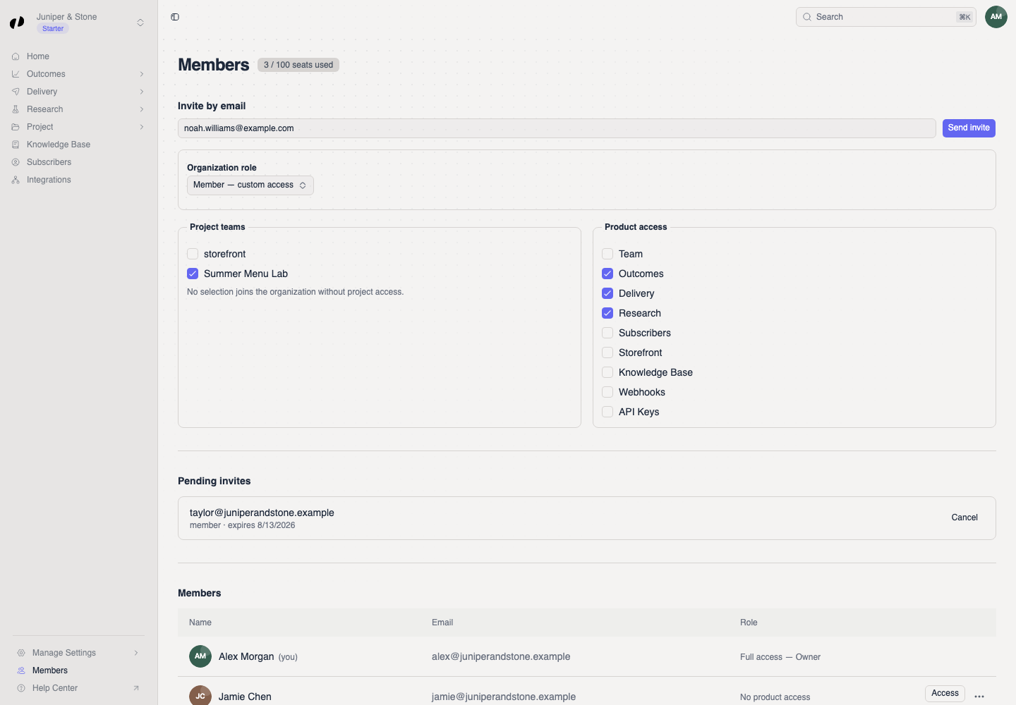 The Invite by email form contains a colleague's email, Member custom access role, selected project teams, product access choices, and Send invite.