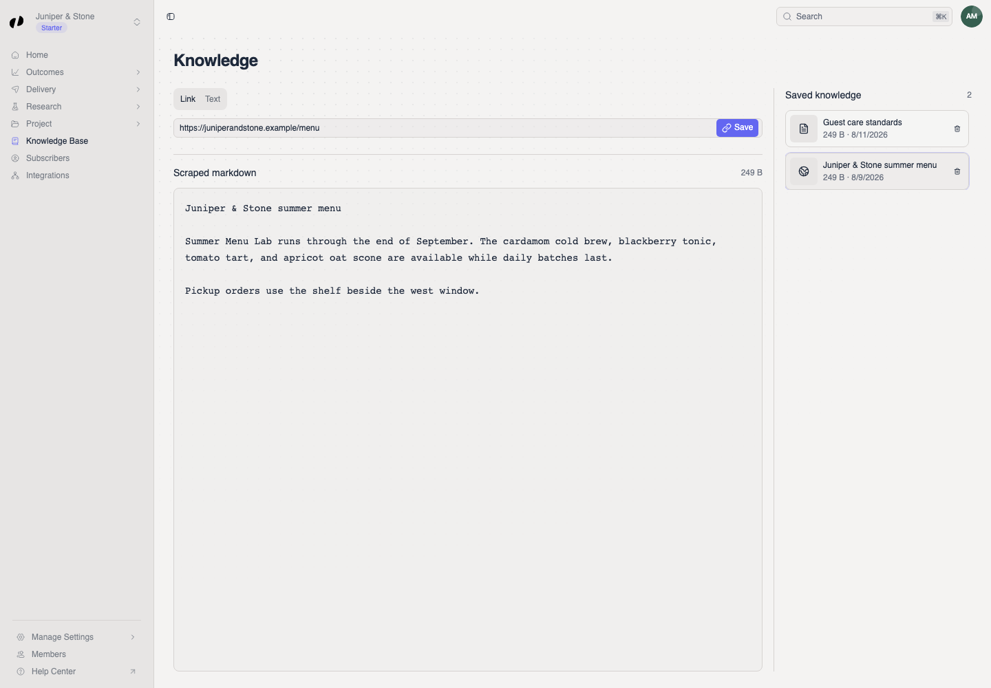 The Knowledge page shows Link and Text tabs, several Saved knowledge entries, and scraped markdown for a selected webpage.