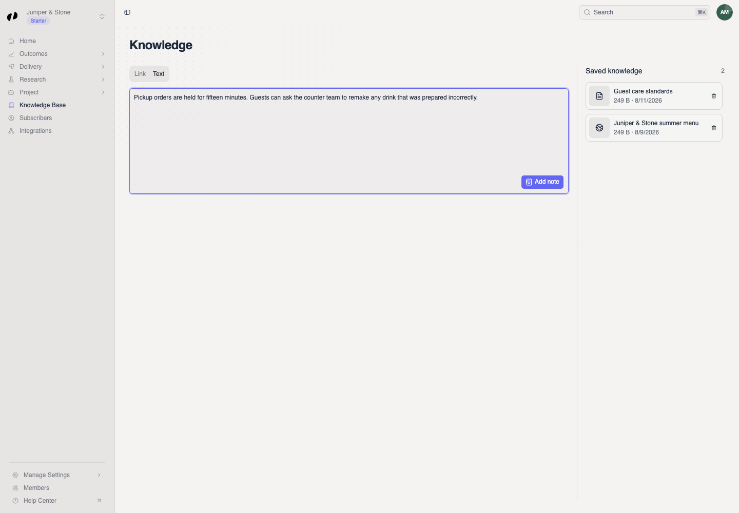 The Text editor contains a realistic pickup and guest-care note ready to save with Add note.
