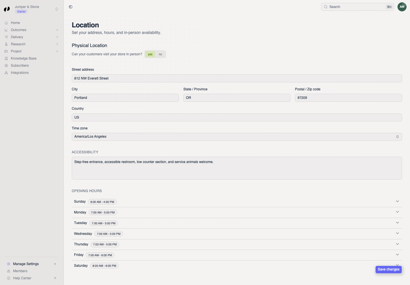 The Location page shows Physical Location set to yes with a complete address, time zone, and accessibility note.