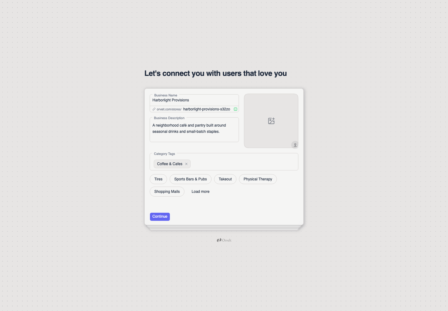 The business identity step contains a business name, description, available Storefront URL, and category tag.