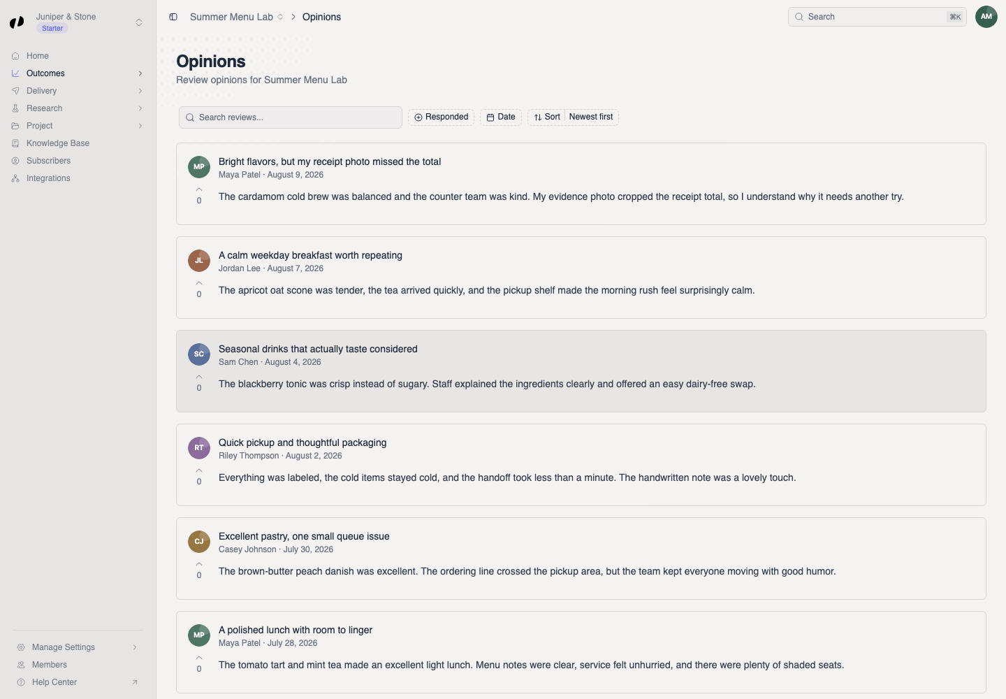 The Opinions page lists realistic customer opinions below Search reviews, Responded, Date, and Sort controls.