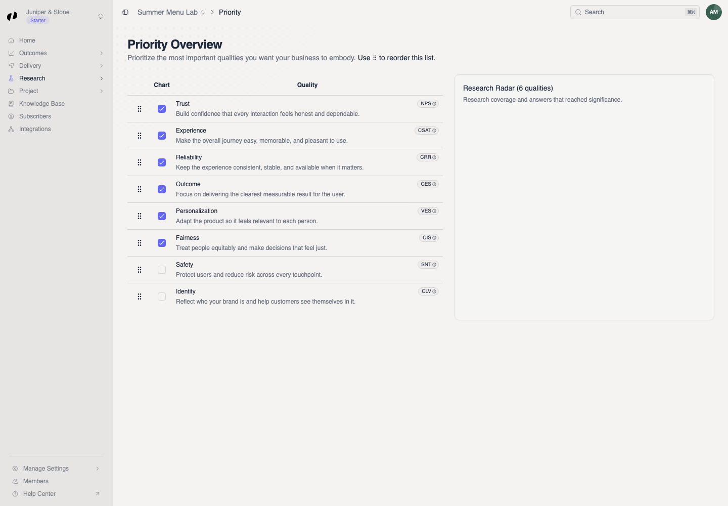 Priority Overview lists project qualities with drag handles and Chart checkboxes.
