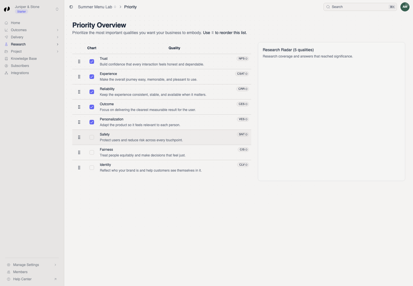 Priority Overview shows Fairness removed from the Chart selection and the Research Radar heading updated to five qualities.