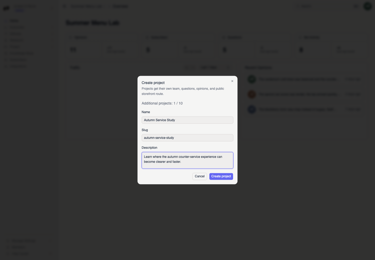 The Create project dialog contains a project name, lowercase slug, description, and Create project button.