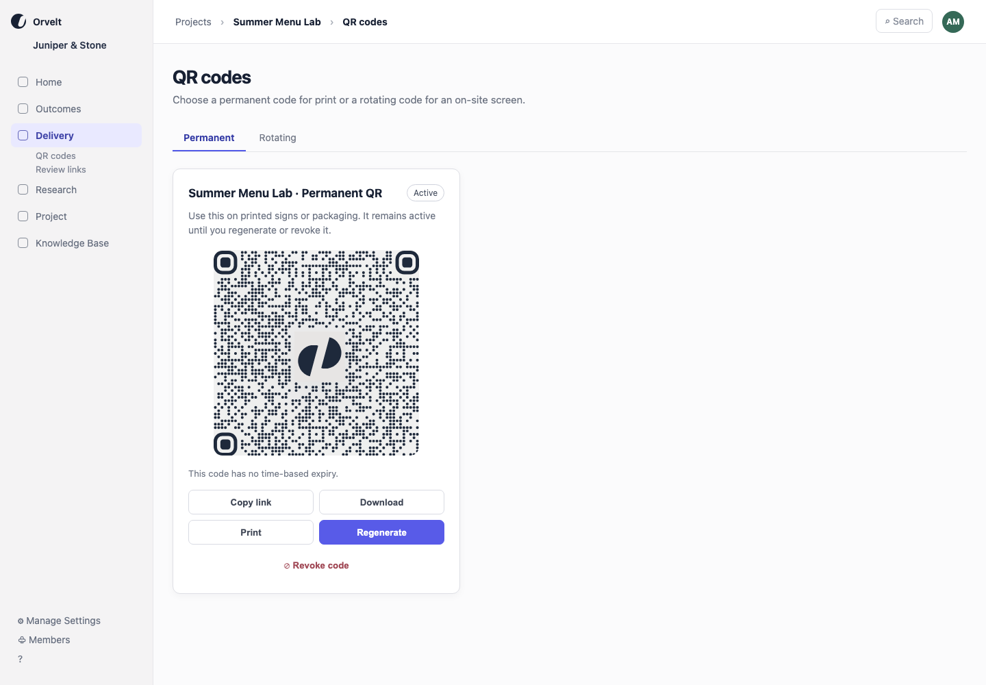 The QR codes page shows an active permanent code for Summer Menu Lab with sharing actions and no time-based expiry.