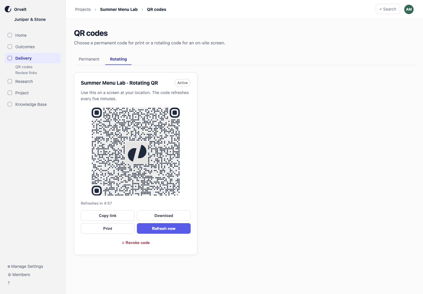 The QR codes page shows an active rotating code for Summer Menu Lab with sharing actions and a five-minute refresh countdown.