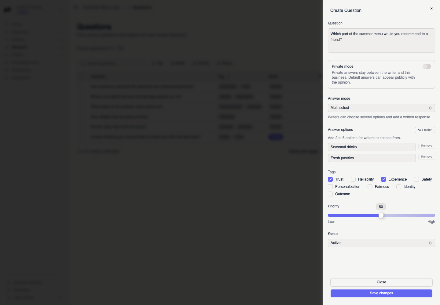 The Create Question sheet shows a customer question with its privacy, answer mode, options, tags, priority, and status settings.