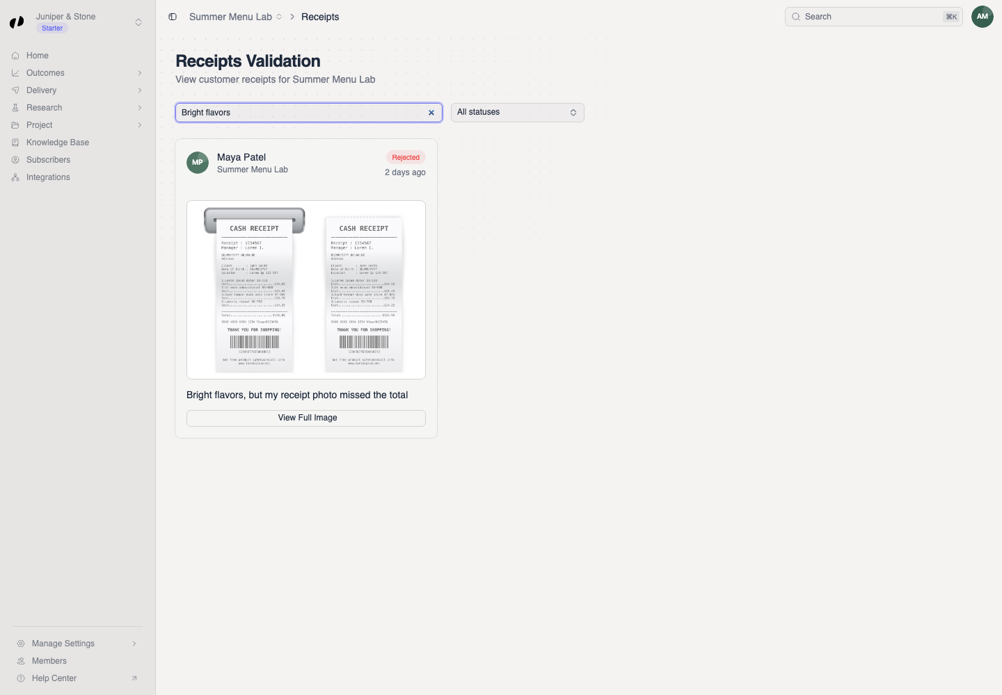 A filtered receipt card shows the customer, project, verification status, uploaded time, receipt preview, linked opinion title, and View Full Image button.