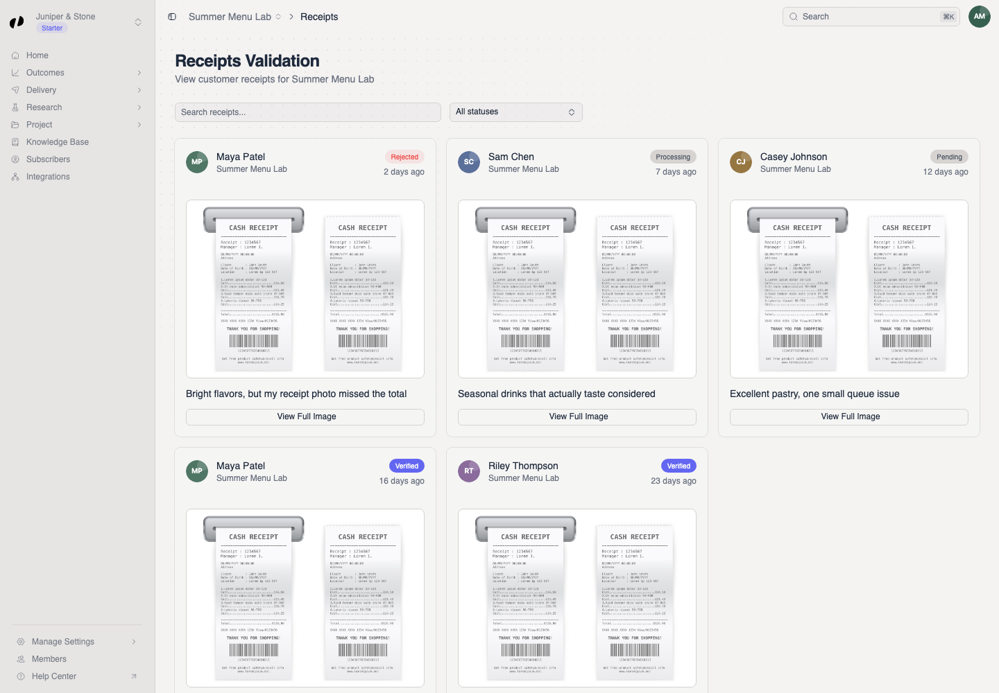 The Receipts Validation page shows searchable customer receipt cards with image previews, customer names, project names, and verification statuses.