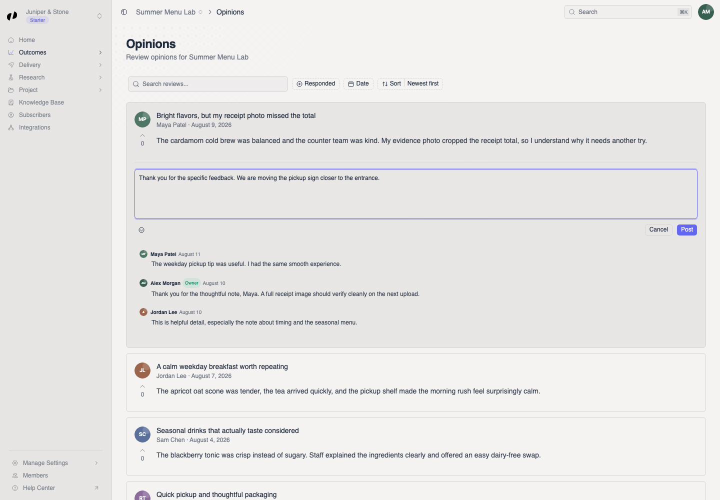 An expanded opinion card shows a draft business reply in the Add your reply field with Cancel and Post controls.