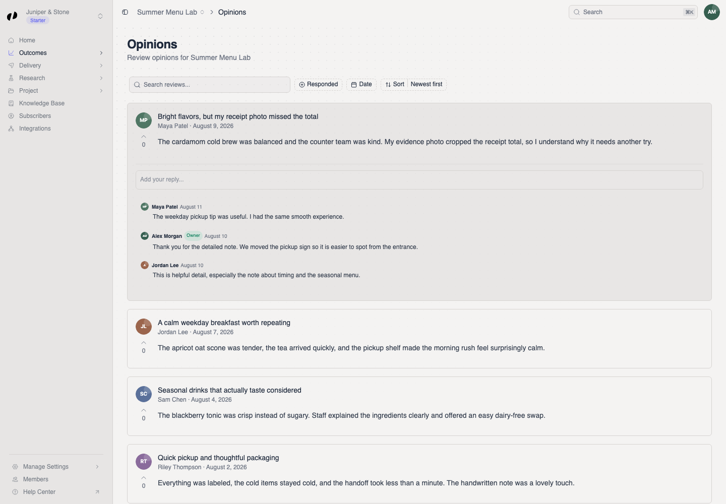 The opinion thread shows the newly posted business reply with an Owner badge.