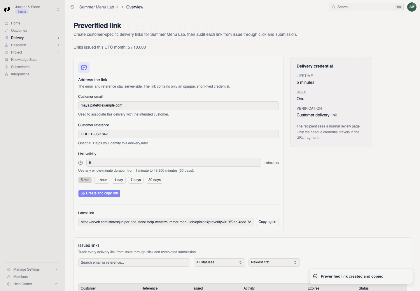 The page shows a new Issued row for the customer and reference after creating and copying the link.