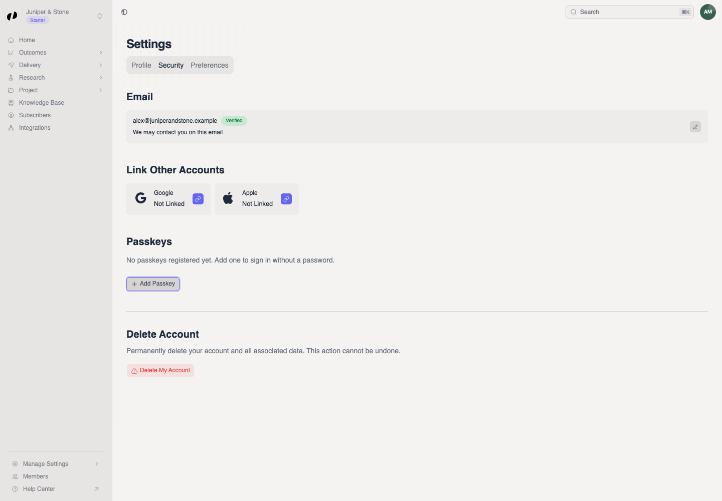 The Passkeys section explains that no passkeys are registered and shows keyboard focus on Add Passkey.