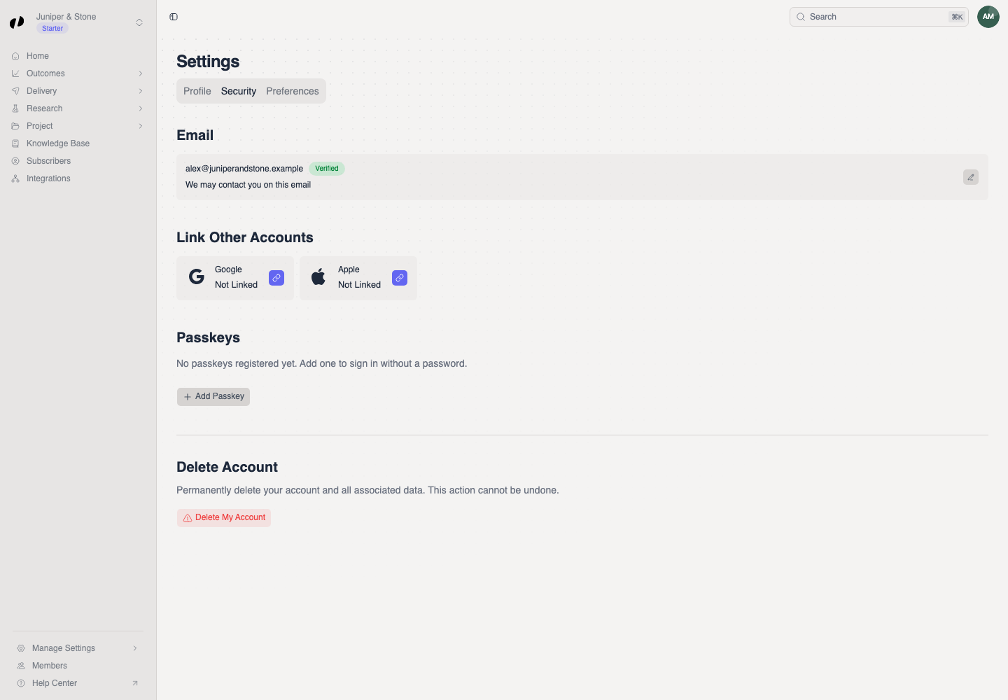 The top of Settings Security shows a verified email and Google and Apple cards under Link Other Accounts.