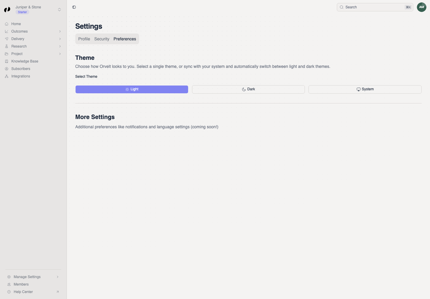 The Preferences tab shows Light, Dark, and System theme choices with Light selected.