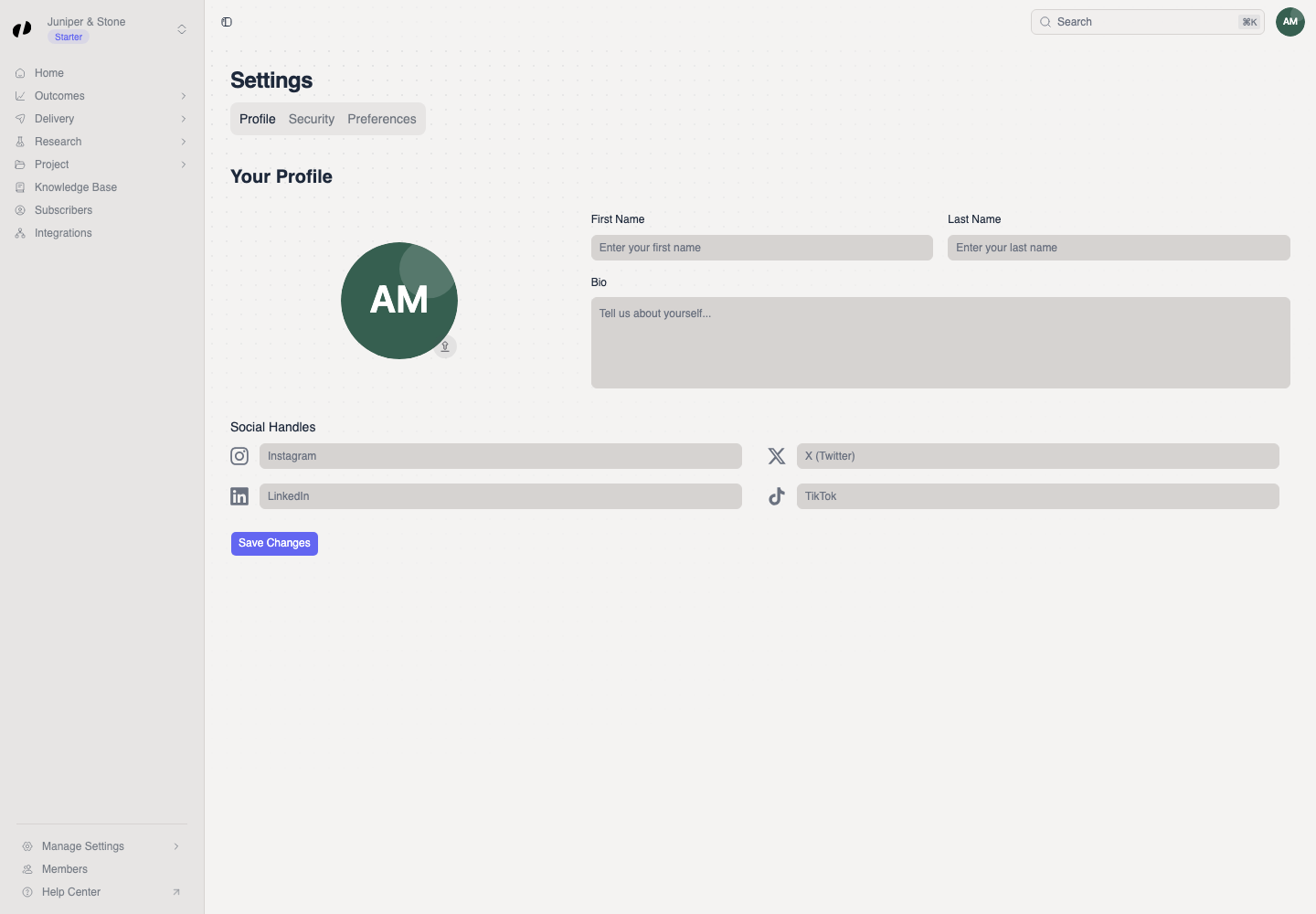 The Settings Profile tab shows a personal avatar, first and last name, bio, social handles, and Save Changes.