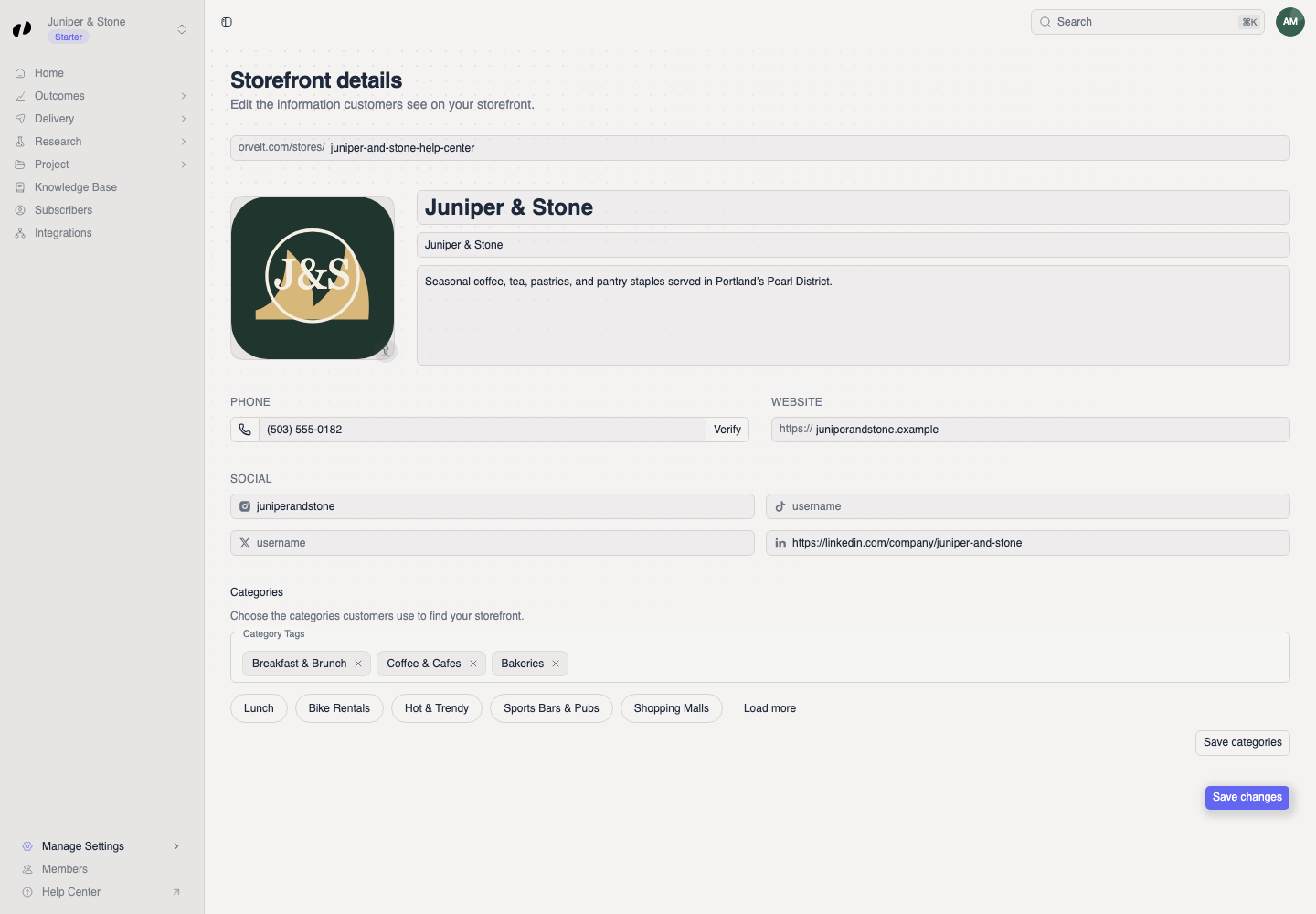 The Details page shows a populated business name, tagline, description, phone, website, social links, logo, and categories.