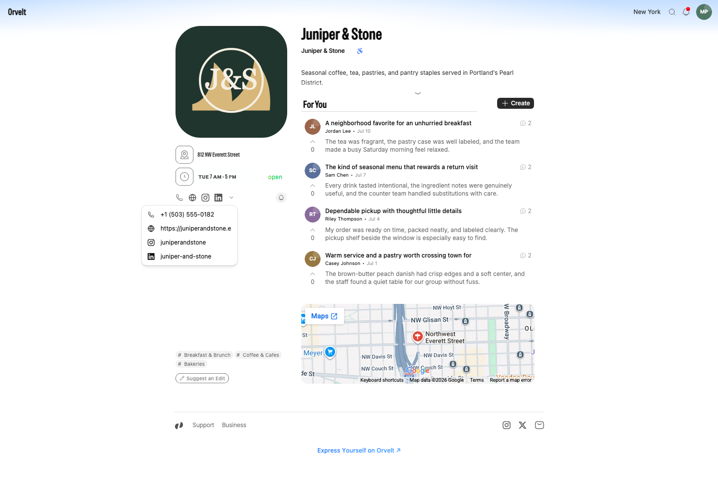 The customer-facing Juniper & Stone Storefront shows the saved logo, business name, description, categories, and an open menu containing its public contact details.