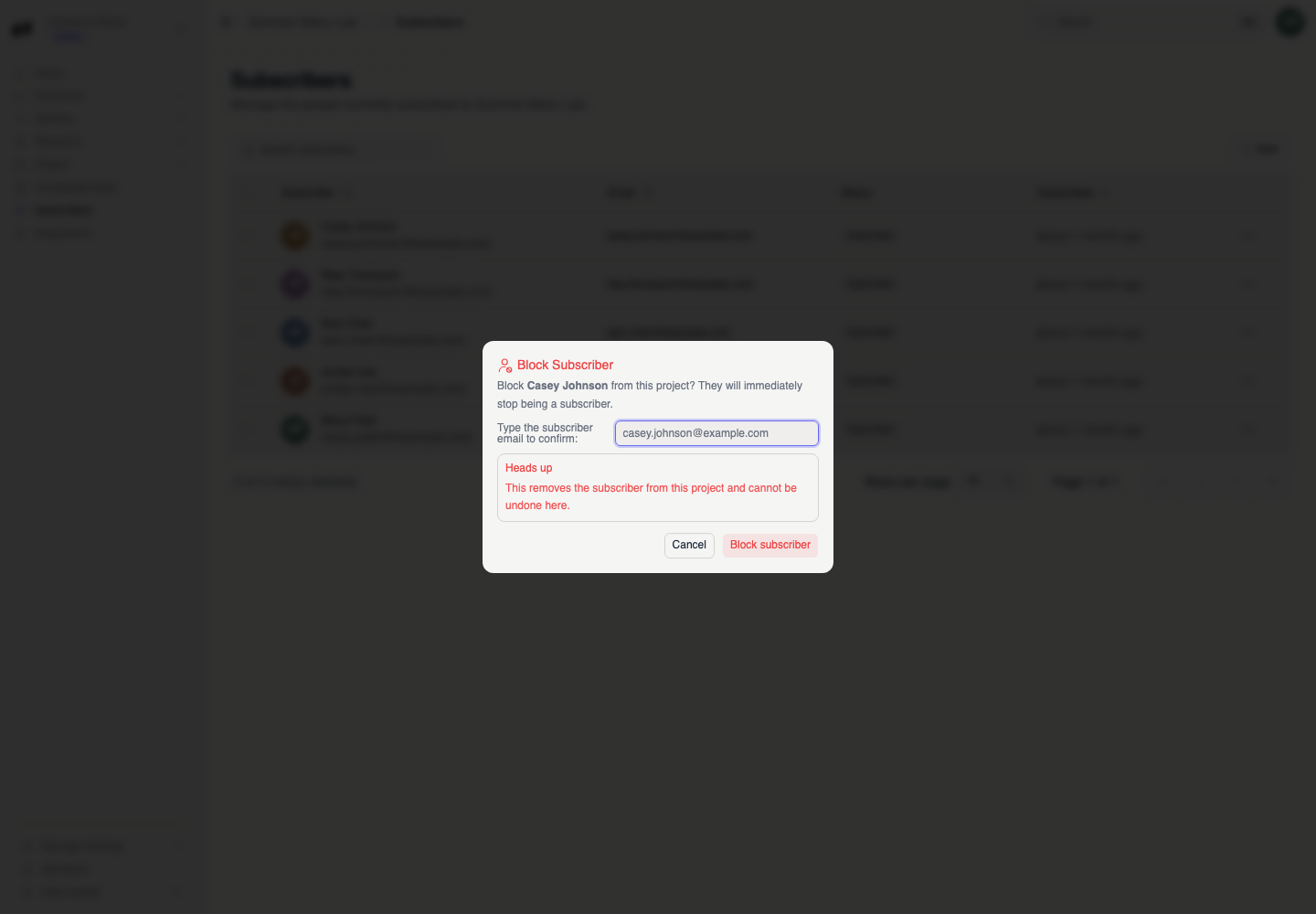 The Block Subscriber dialog names the subscriber, explains the removal, and asks for their exact email before enabling Block subscriber.