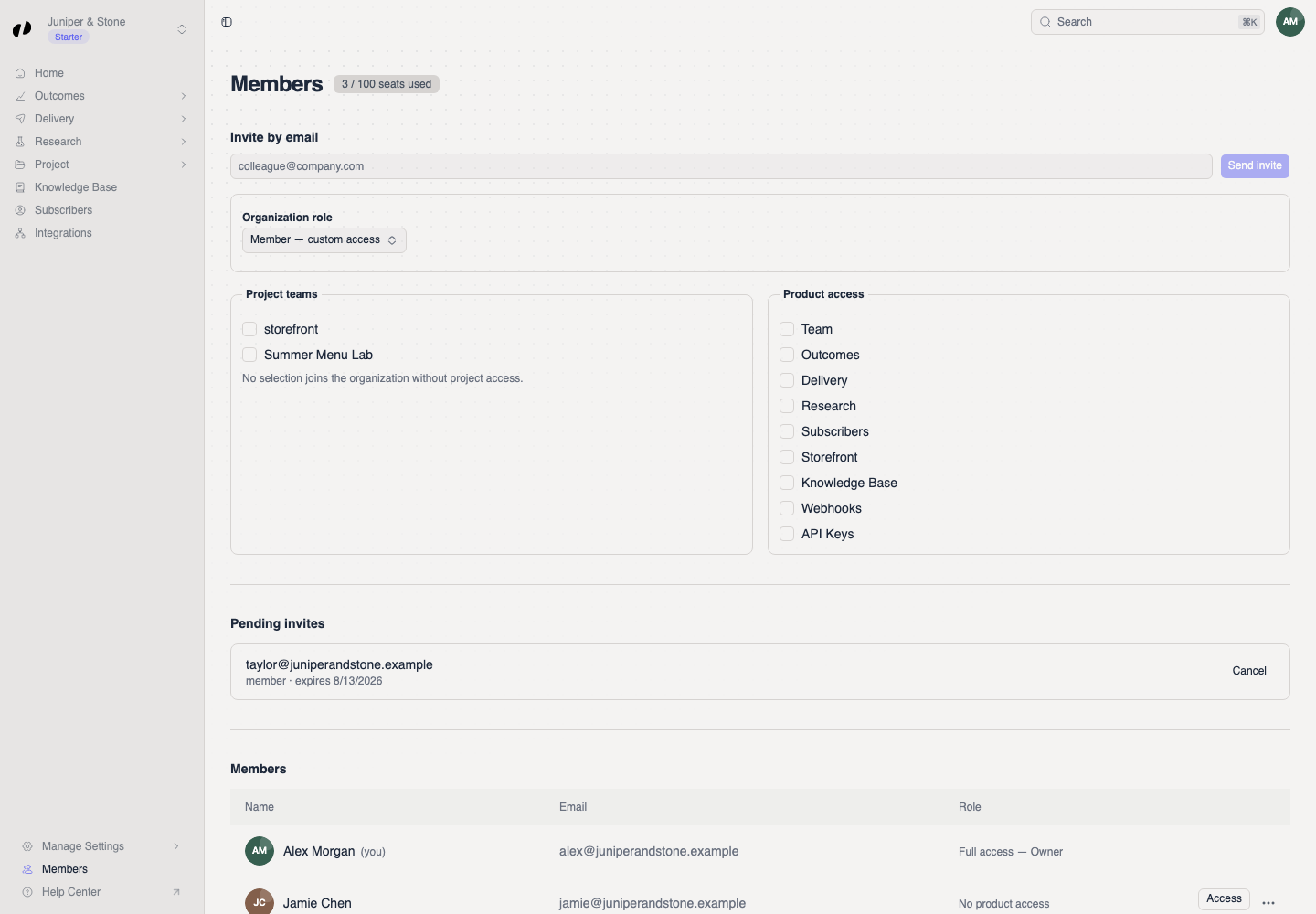 The Members page shows seats used, the Invite by email form, pending invites, and a populated member table with access levels.