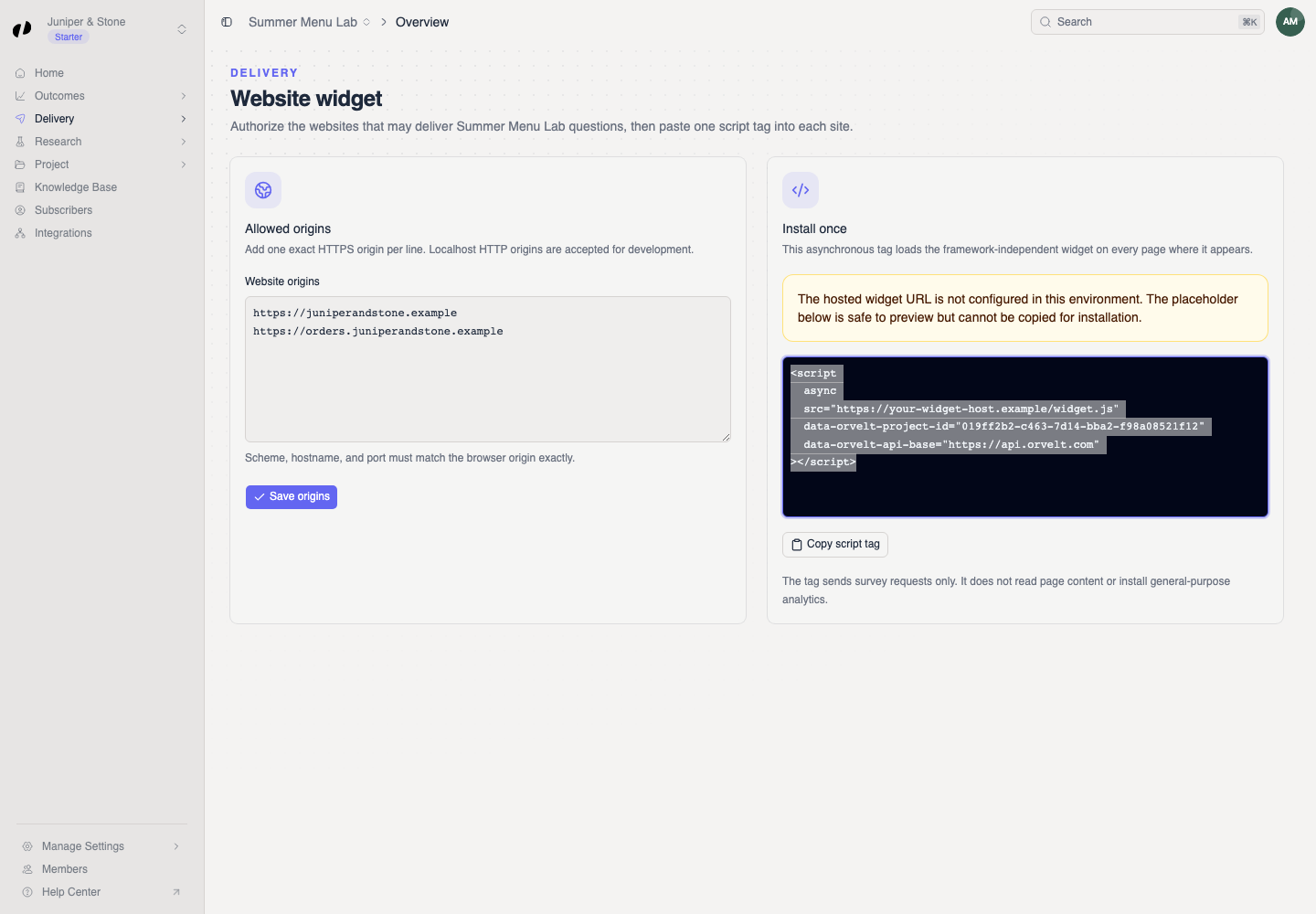 The Install once card shows a selected project-specific script tag and explains that an administrator must configure the hosted widget URL before installation.
