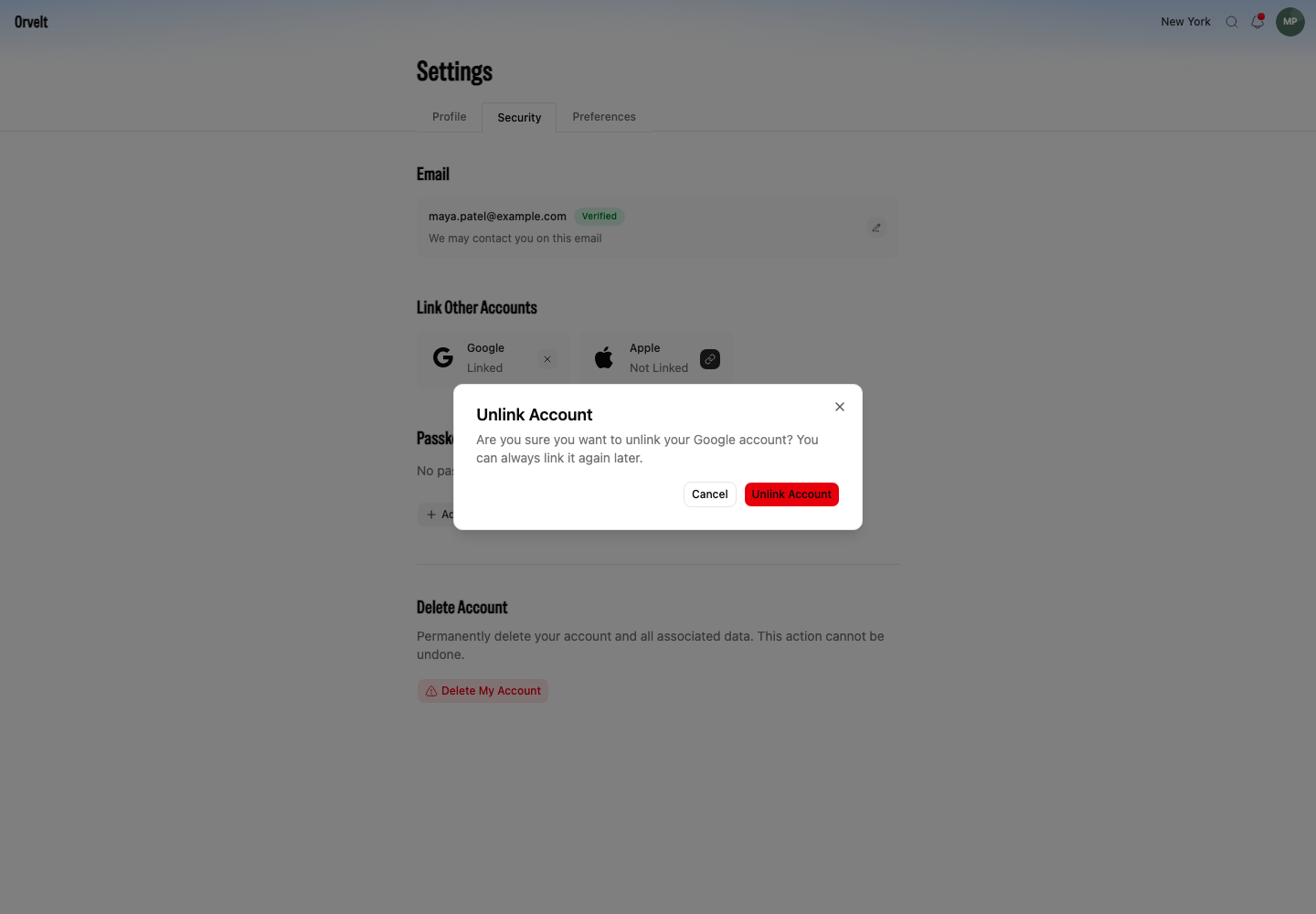 A linked Google card opens a confirmation dialog before Storefront unlinks the account.