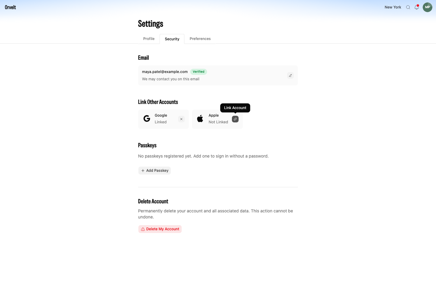 Google and Apple cards show whether each sign-in provider is linked to the Storefront account.