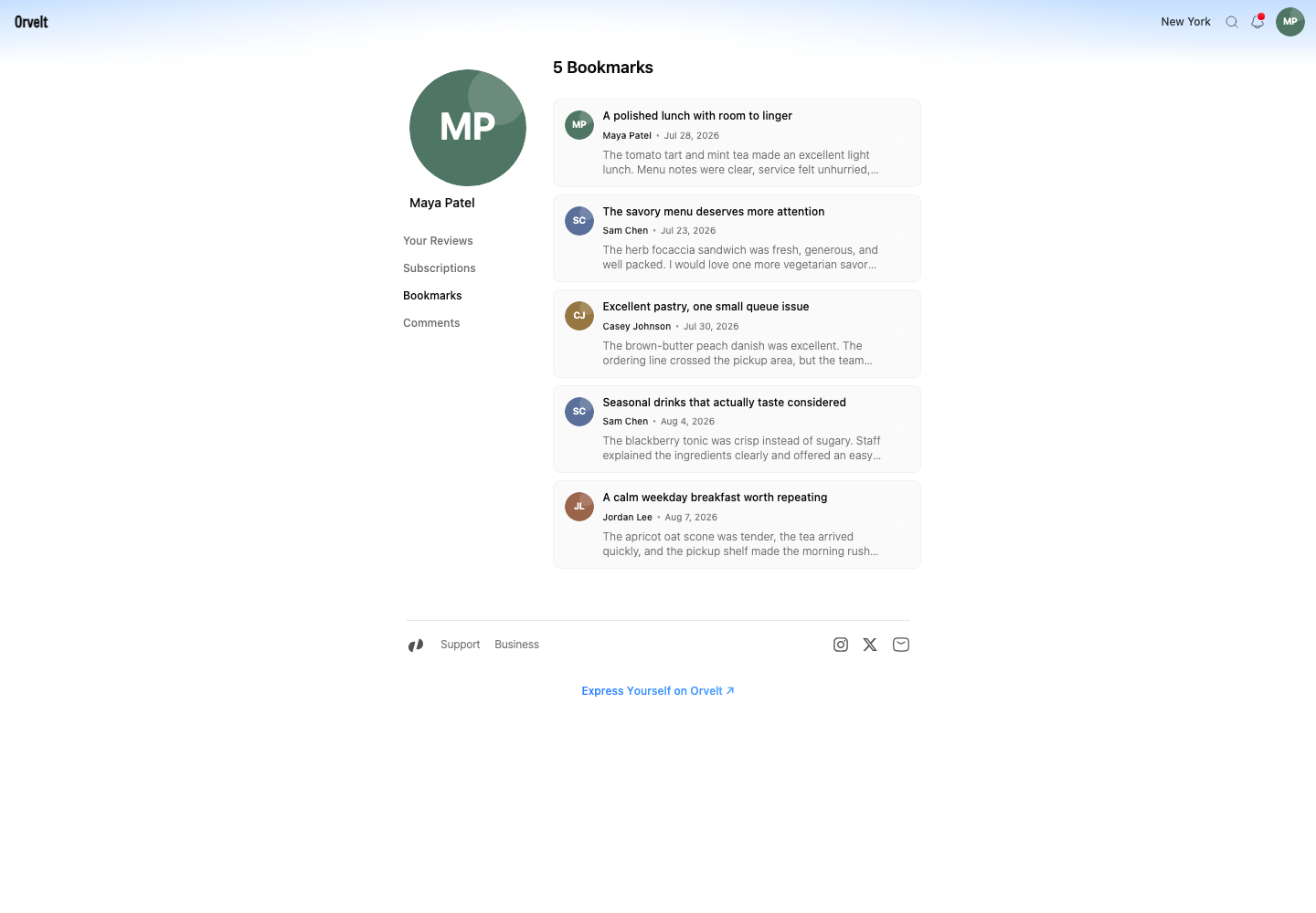 The Bookmarks tab lists saved opinions with their authors, dates, and excerpts.