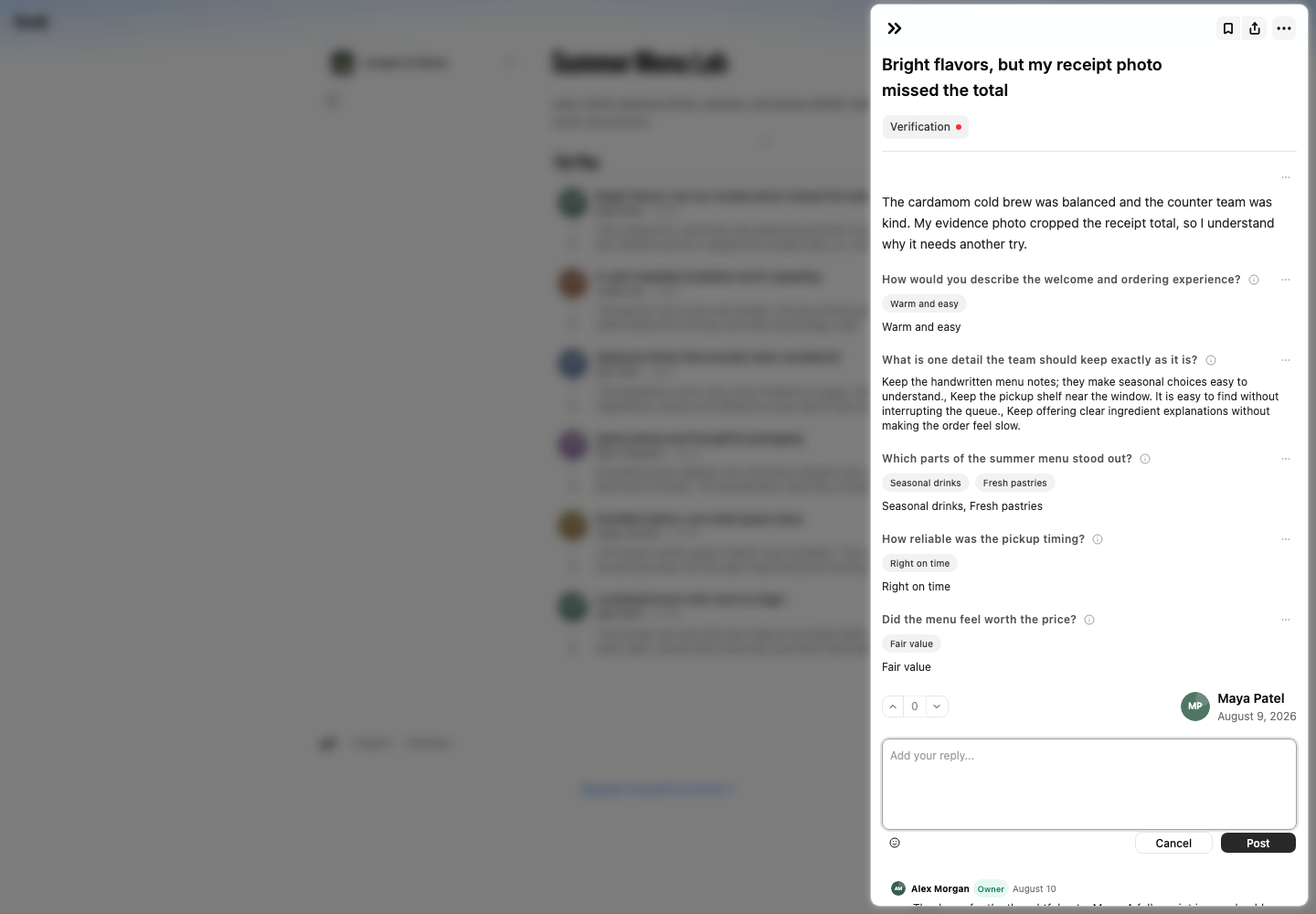 The opinion panel shows an expanded reply field with Cancel and Post buttons.