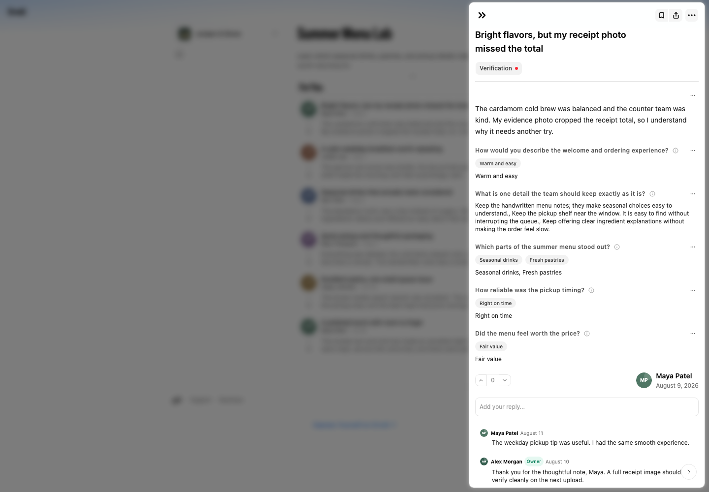 The opinion discussion shows a customer comment and a reply marked Owner.