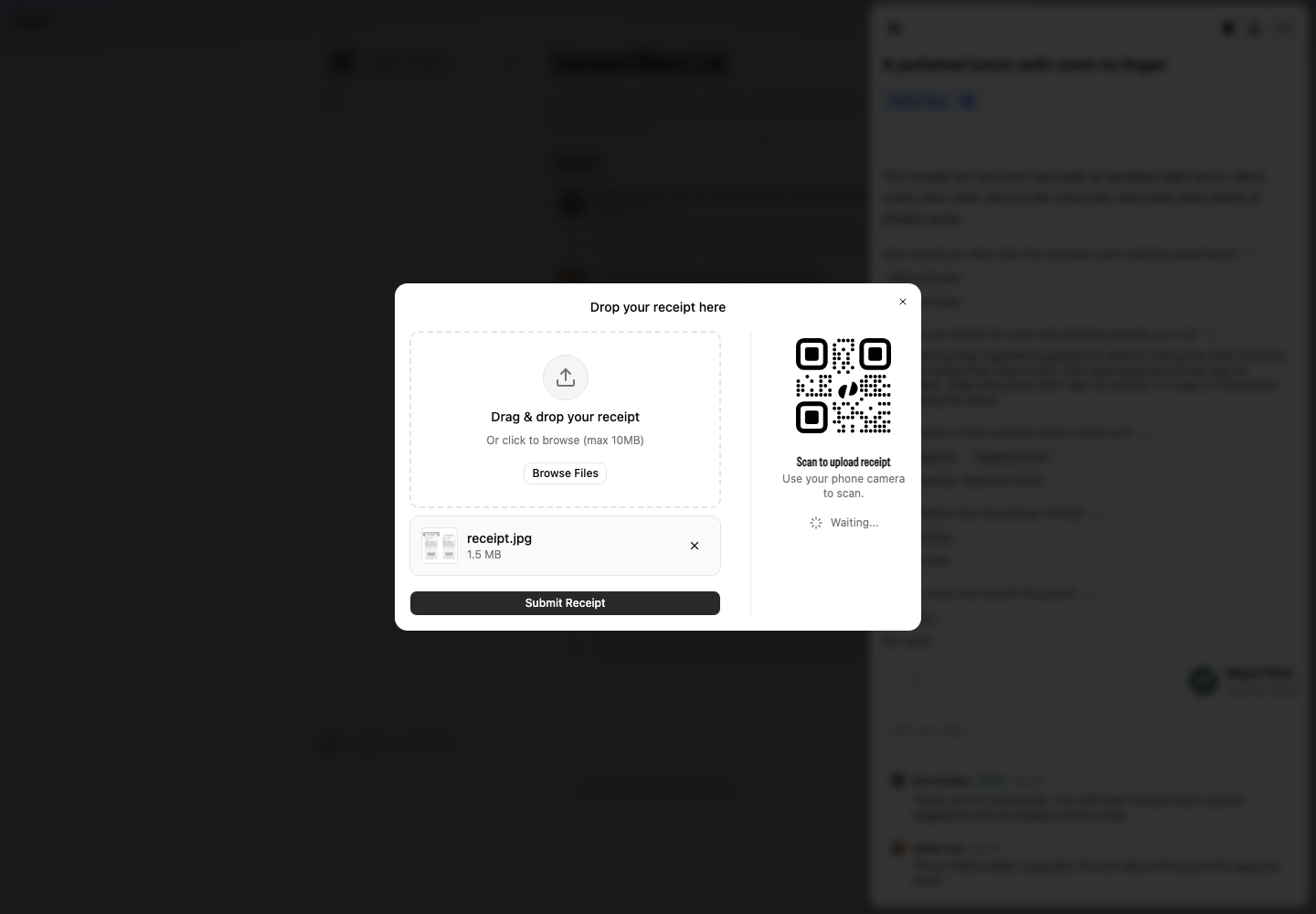 The receipt dialog previews a selected image above the Submit Receipt button.