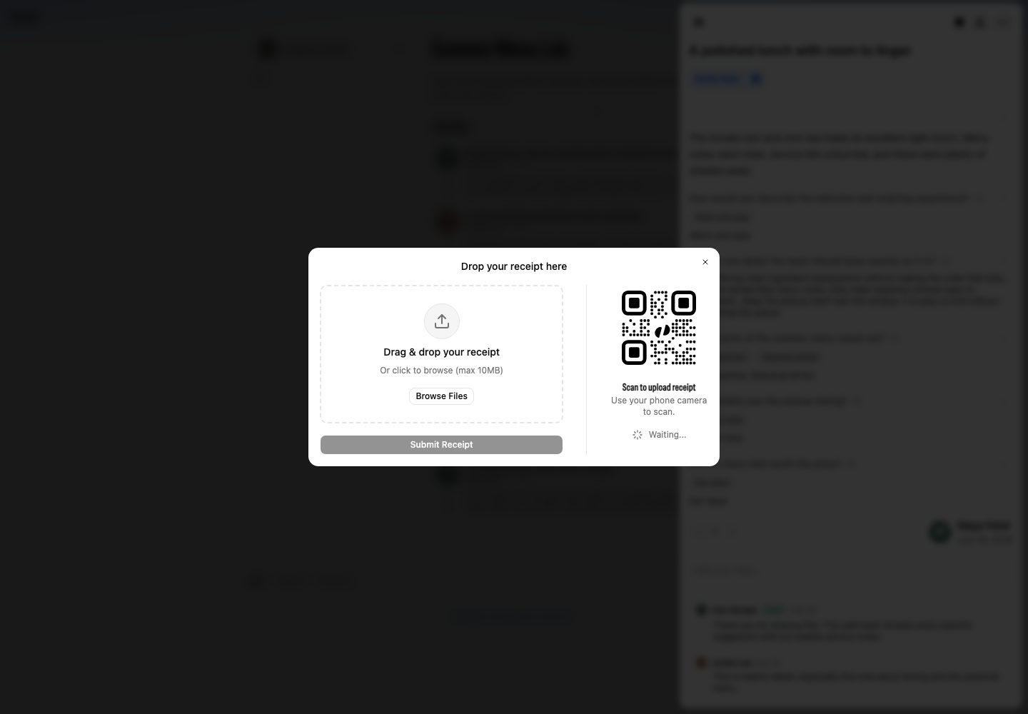 The Drop your receipt here dialog provides a file area, Browse Files button, and mobile QR option.