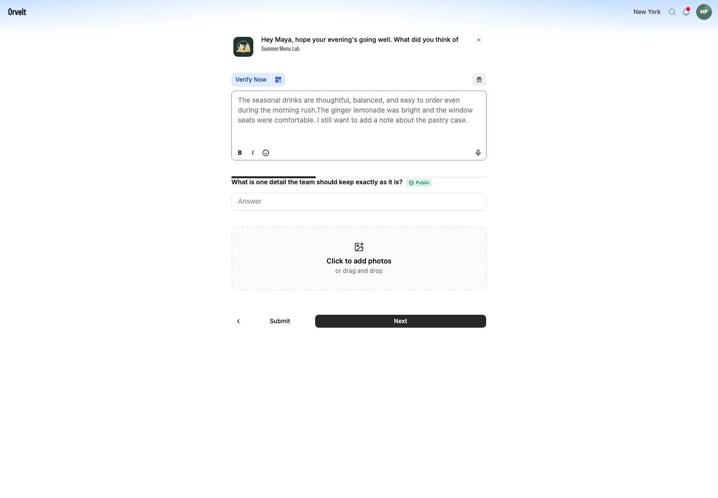 A guided question shows answer choices, a text field, and whether the response is public or private.