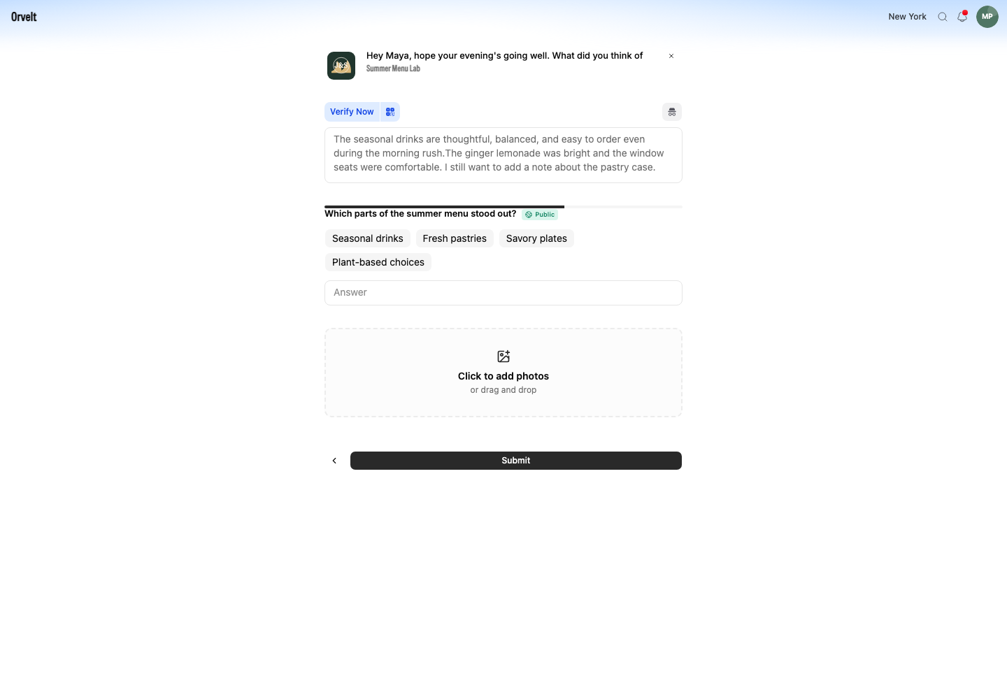 The final guided question shows the saved response and the Submit button.