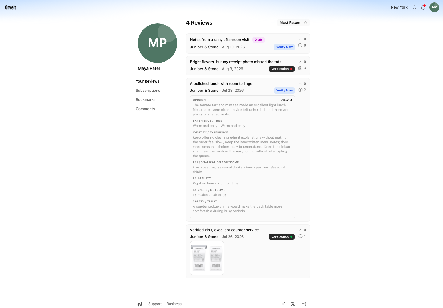 The Your Reviews list distinguishes an unfinished Draft while an expanded submitted opinion confirms that its text was saved.