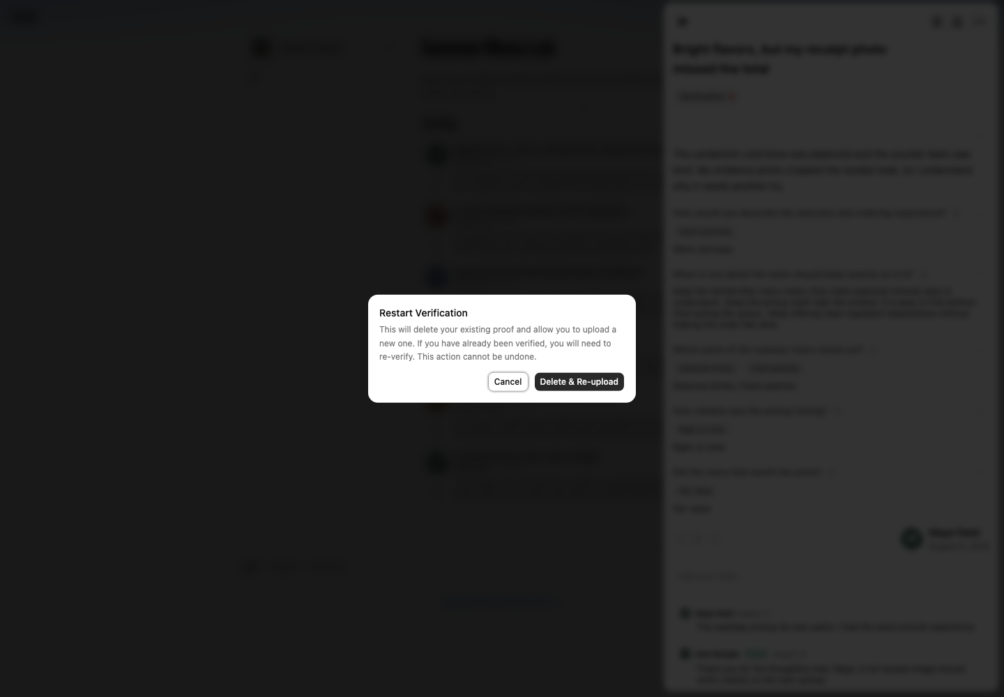 The Restart Verification dialog lets the opinion author delete failed proof and upload a replacement.