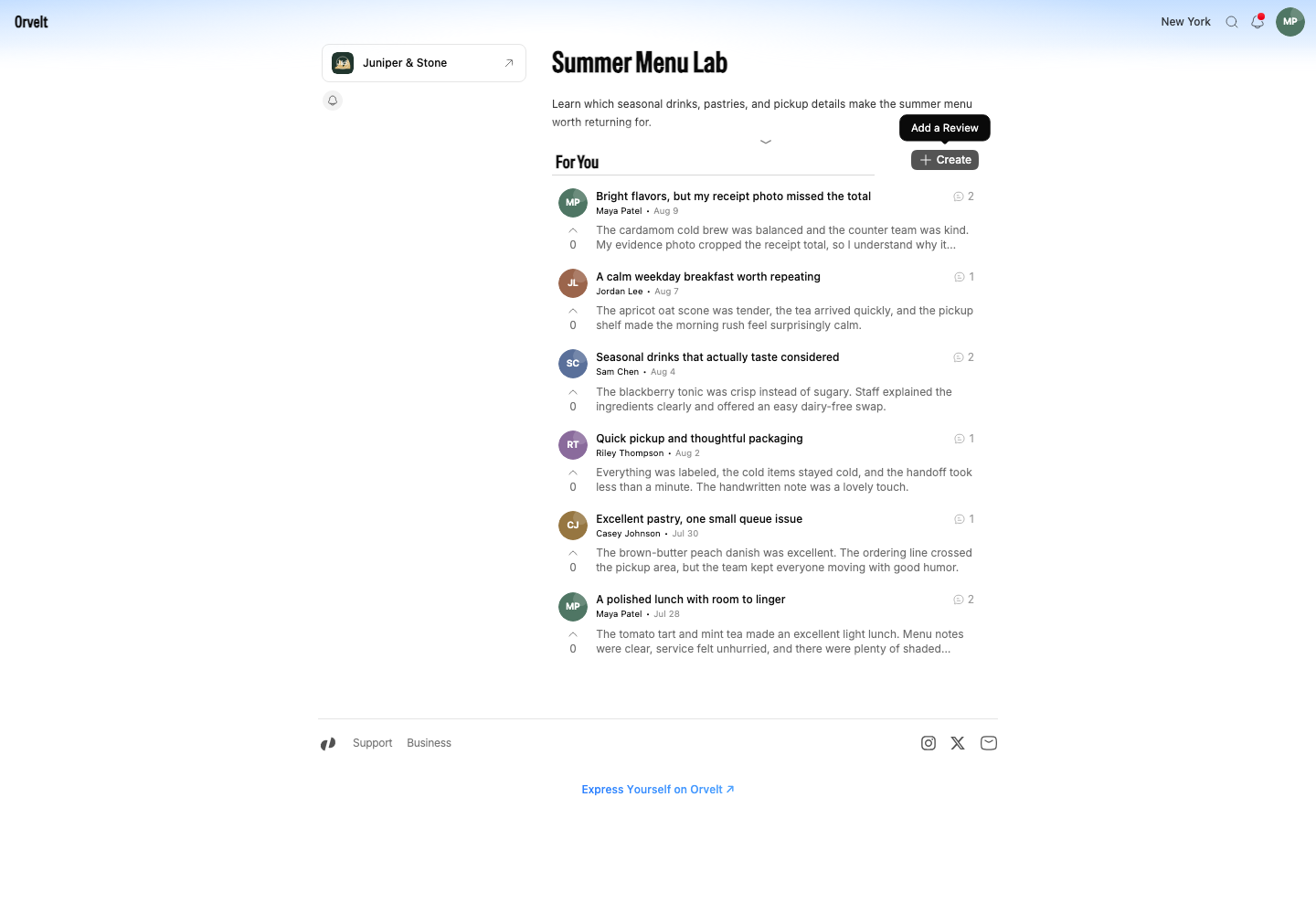 The For You section places the Create action above published customer opinions.