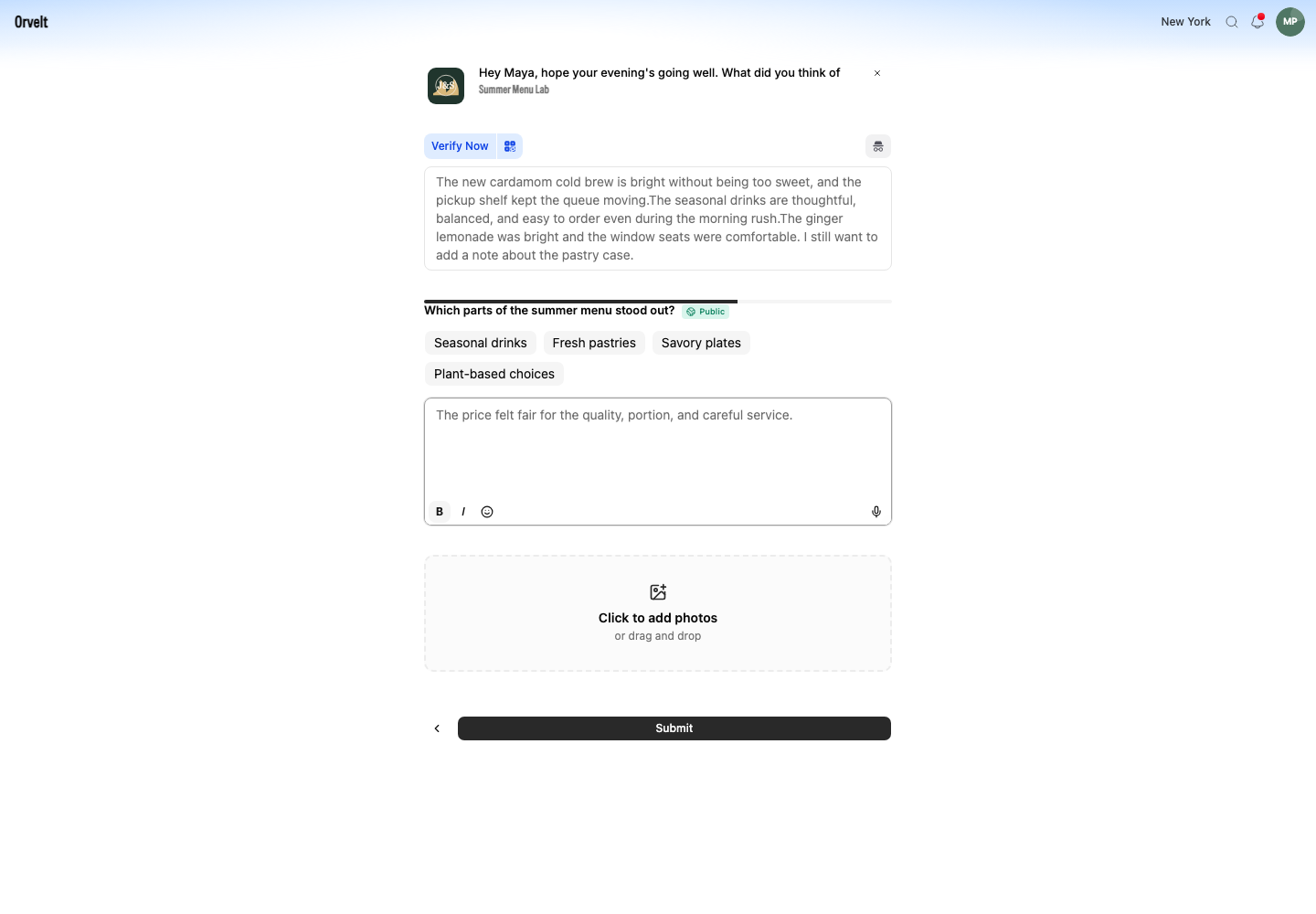 The opinion flow shows a completed answer and the Submit button on the final question.