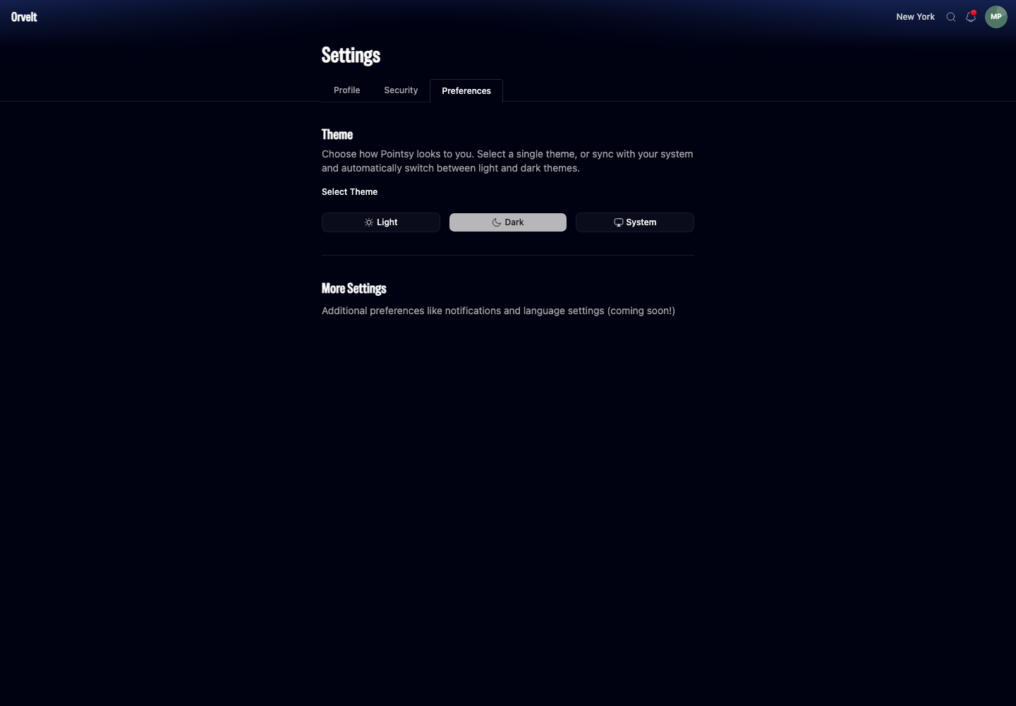 The Preferences page uses the dark appearance and marks Dark as selected.