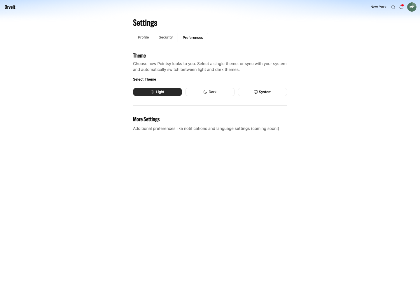 The Preferences page offers Light, Dark, and System theme buttons.