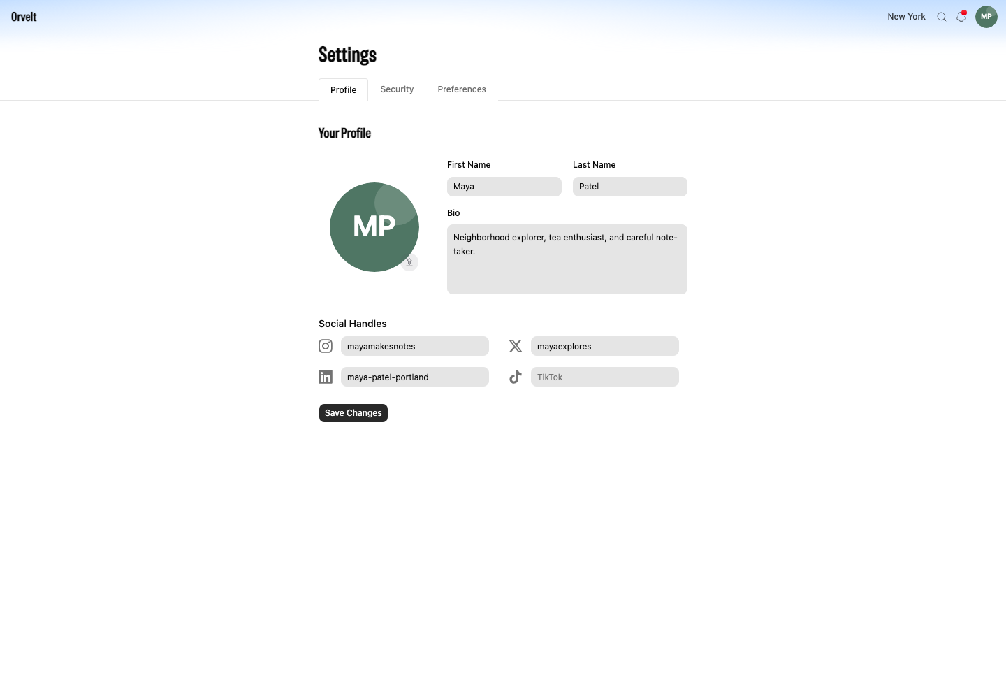 The Profile settings page contains name, bio, avatar, and social-handle controls.