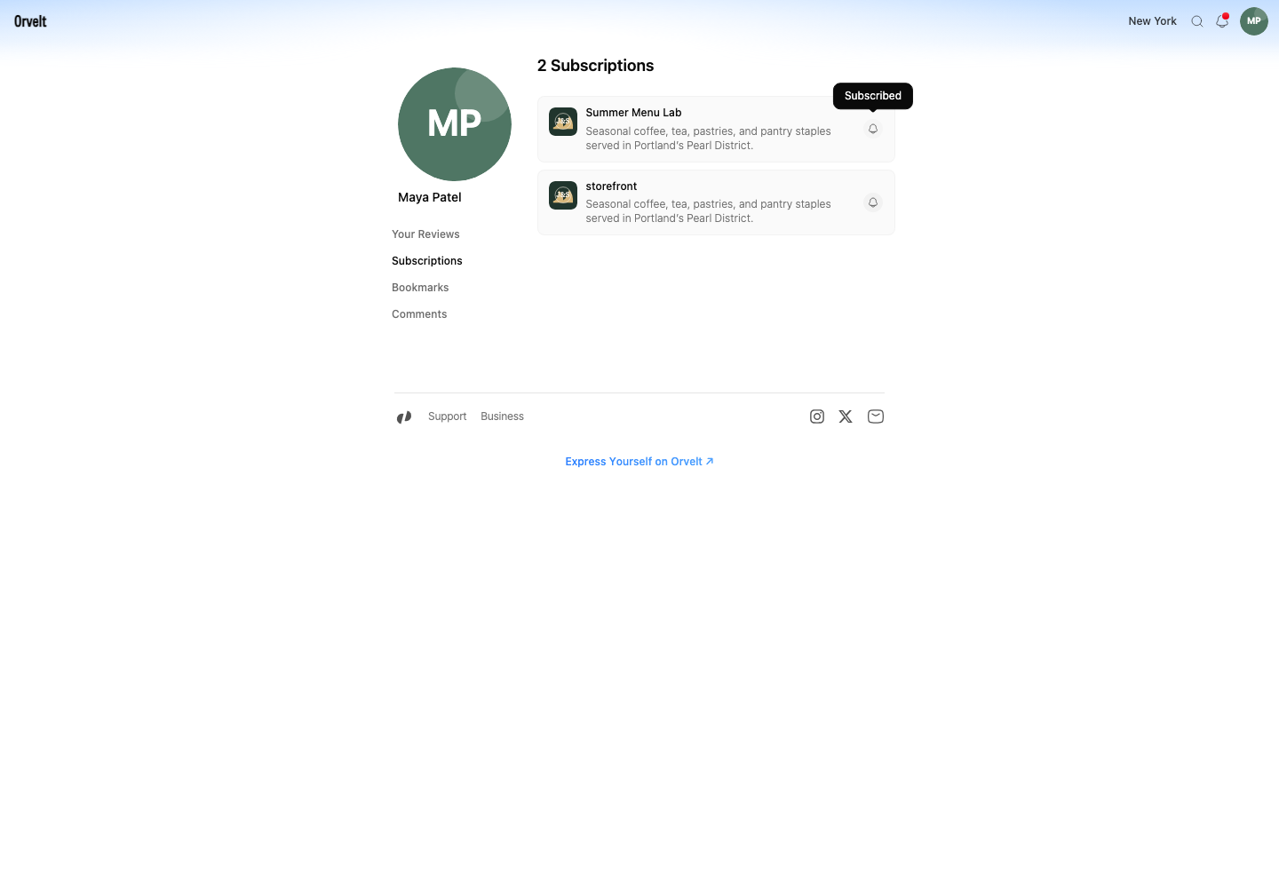 The Storefront Subscriptions list includes Summer Menu Lab and shows its active Subscribed control.