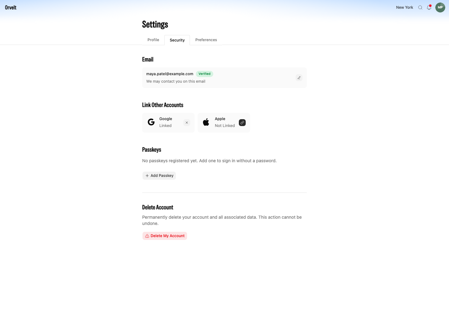 The Security page shows a verified email, Google and Apple account cards, and passkey controls.